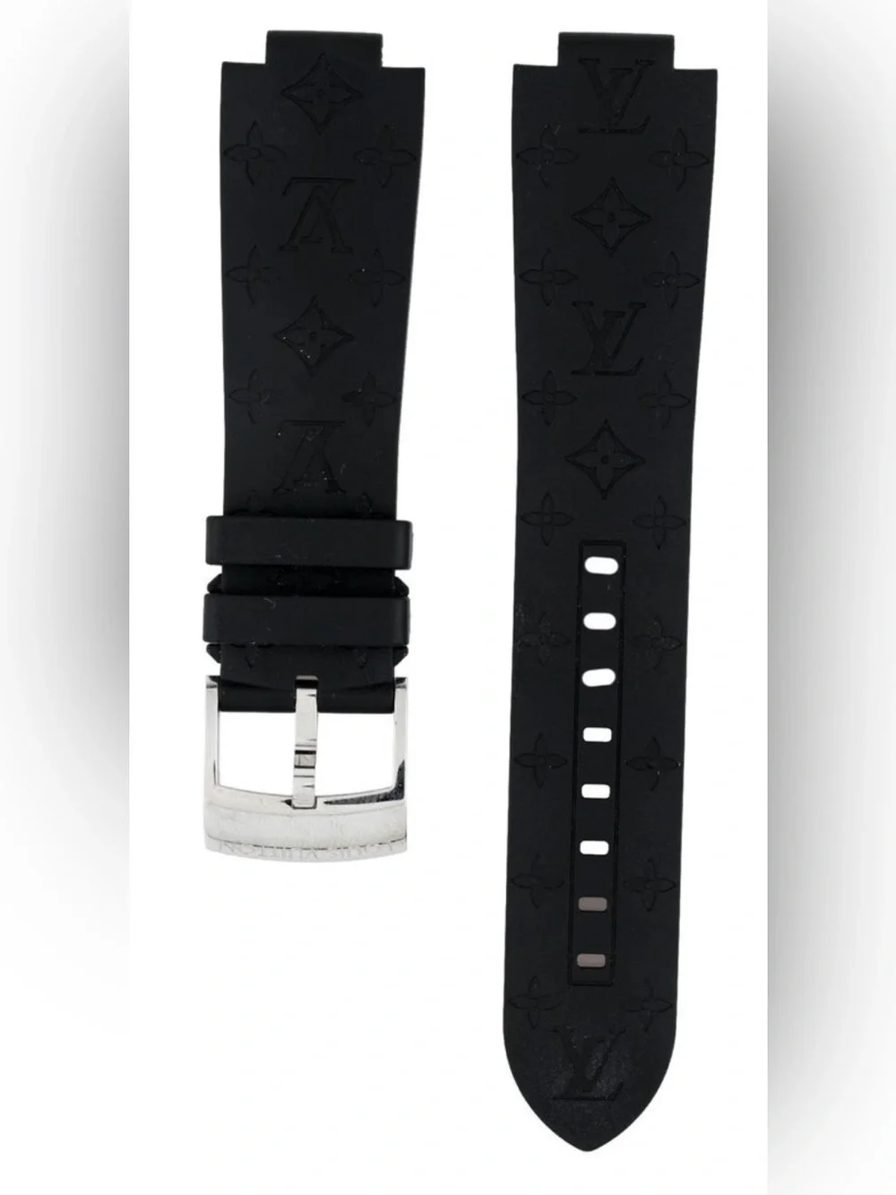 Louis Vuitton Black 21mm Tambour Monogram Rubber Watch Strap with Silver Buckle
